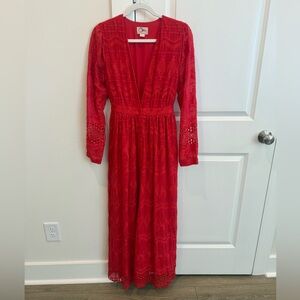 Olivia Culpo x Le Tote Embroidered
Maxi Dress Red Long Sleeve Red Boho Size S